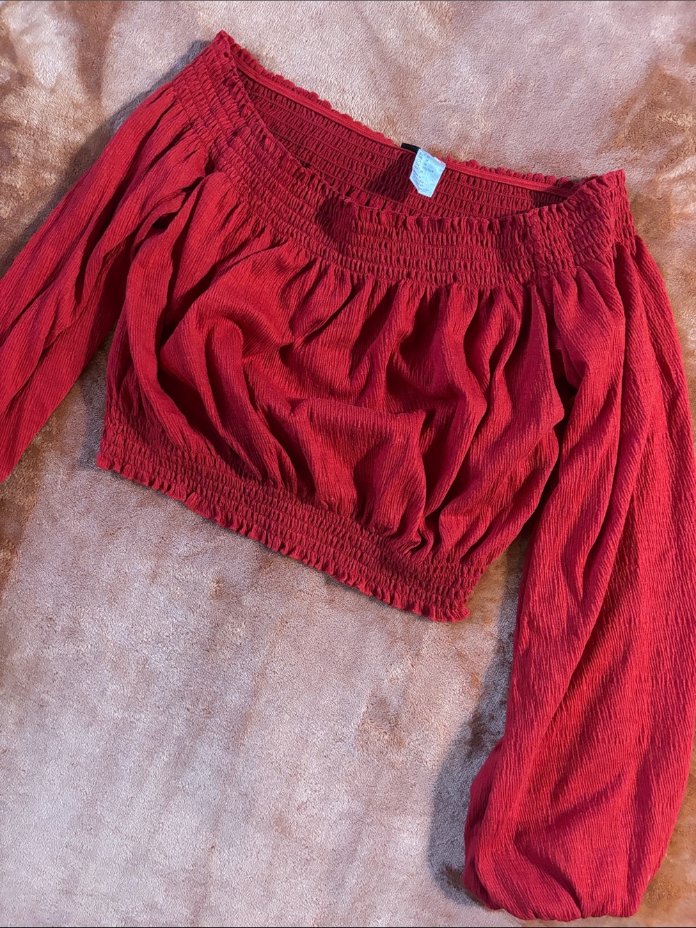 H&M Red Off-Shoulder Smocked Crop Top